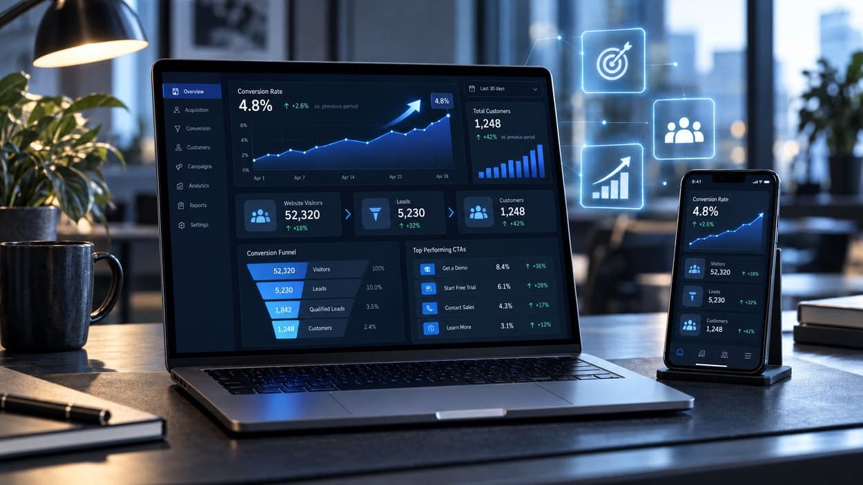 Portátil y móvil con un panel de analítica web que muestra la tasa de conversión, el embudo de visitas a clientes y las llamadas a la acción, junto a iconos de objetivo, grupo de clientes y gráfico de crecimiento