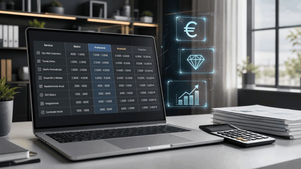 Portátil con una tabla de precios de servicios web por niveles, junto a iconos de euro, diamante y gráfico de crecimiento, y una calculadora sobre la mesa