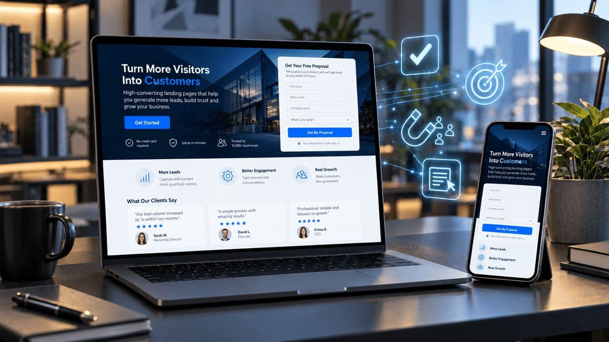 Portátil y móvil con una landing page que incluye un formulario para pedir presupuesto, testimonios de clientes y beneficios, junto a iconos de objetivo, imán de clientes y lista de comprobación