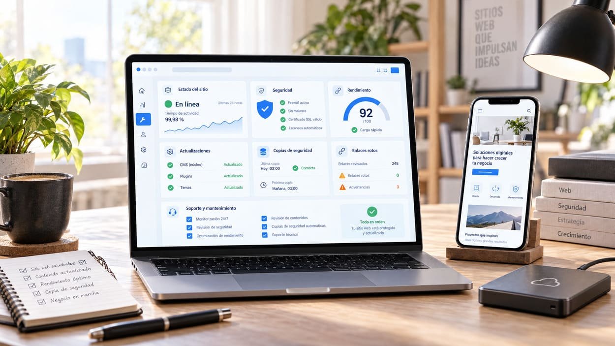 Portátil con un panel de control de visitas y conversiones, con iconos de velocidad y verificación
