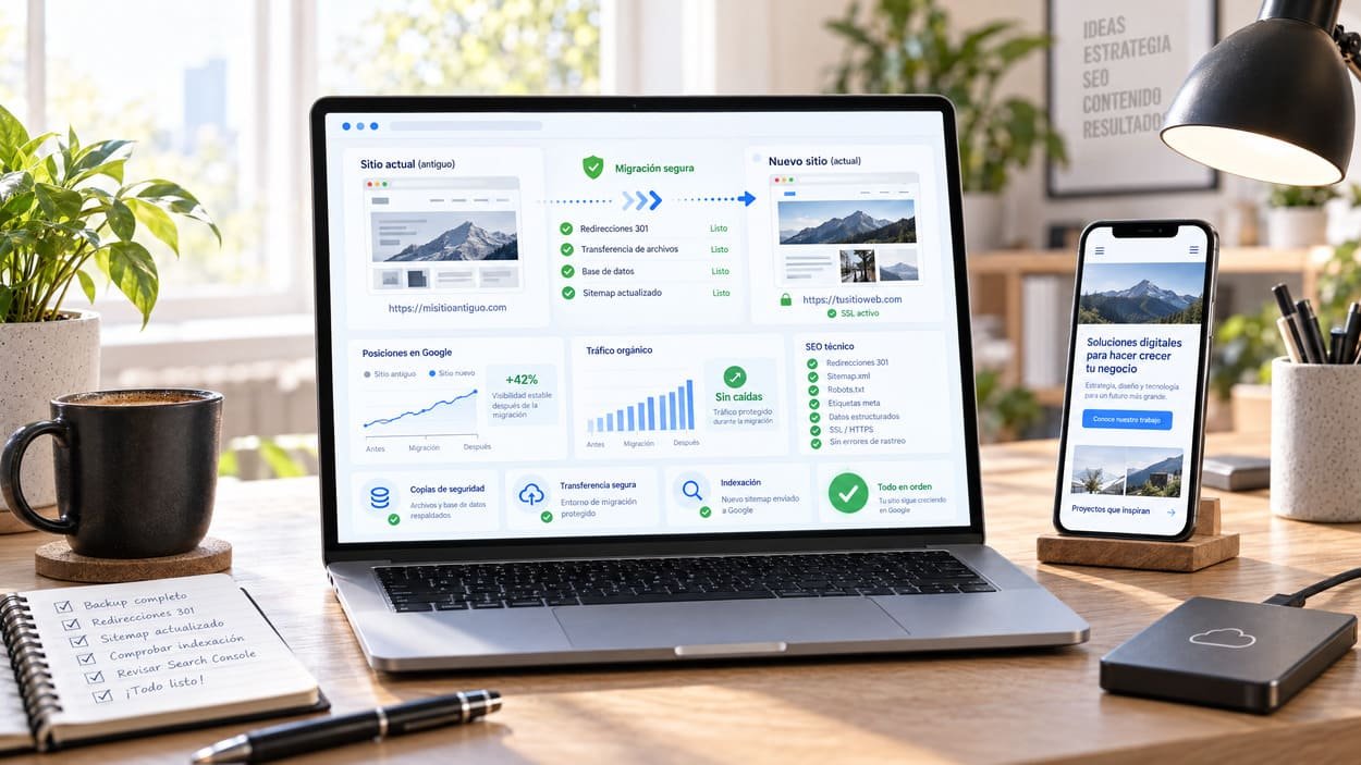 Portátil con una web de agencia y resultados de Google, con iconos de SEO y gráficas de tráfico