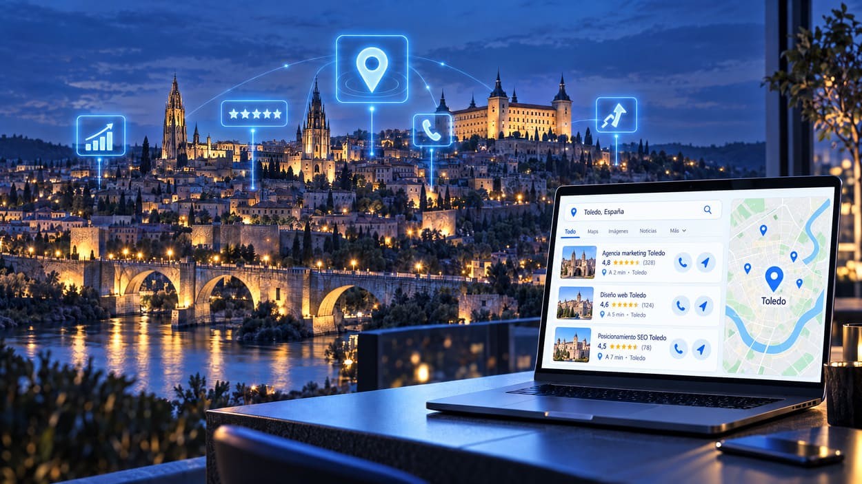Portátil con resultados de Google para diseño web en Toledo, con iconos de ubicación, reseñas y teléfono