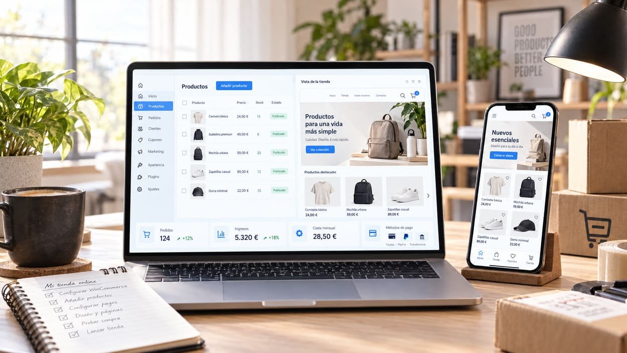 Portátil con una tienda online de bolsos y ropa, con iconos de gráfica, estrella y tienda